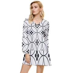 Black And White Pattern Tiered Long Sleeve Mini Dress