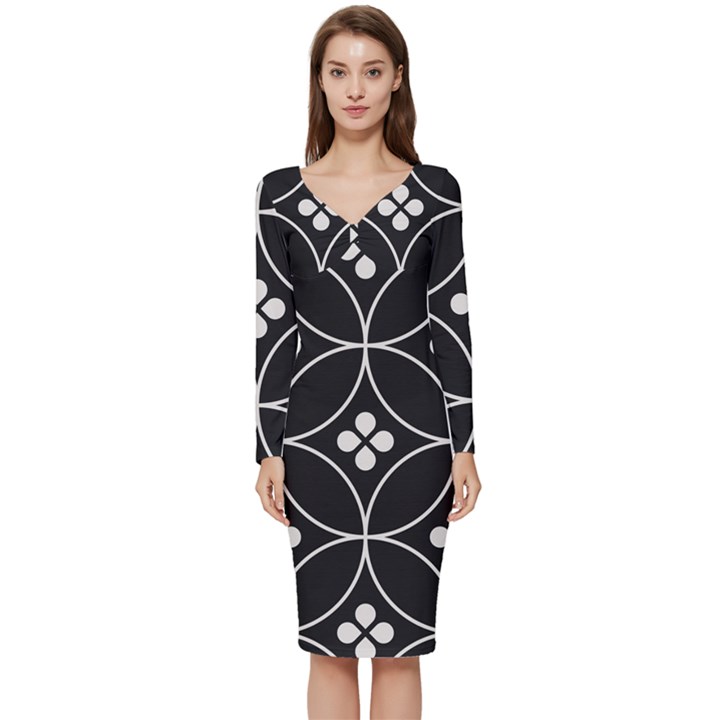 Black and white pattern Long Sleeve V-Neck Bodycon Dress 