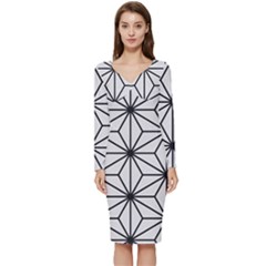 Black And White Pattern Long Sleeve V-neck Bodycon Dress 