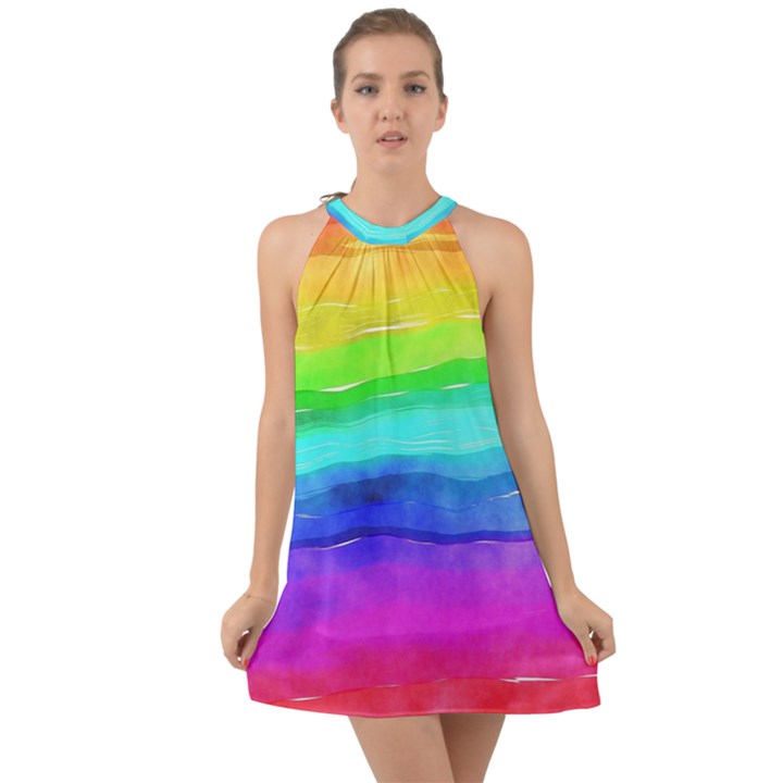 Watercolor rainbow Halter Tie Back Chiffon Dress