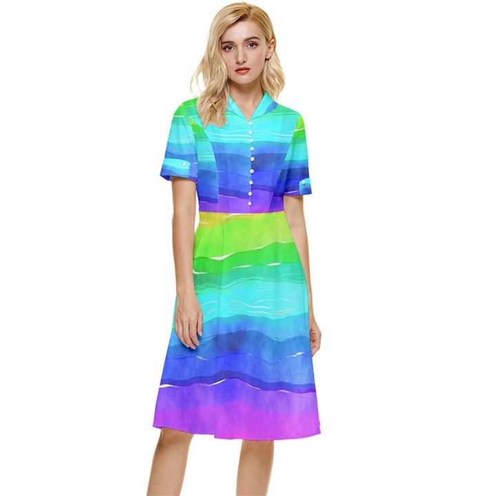 Watercolor rainbow Button Top Knee Length Dress