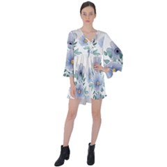 Floral Pattern V-neck Flare Sleeve Mini Dress by Valentinaart