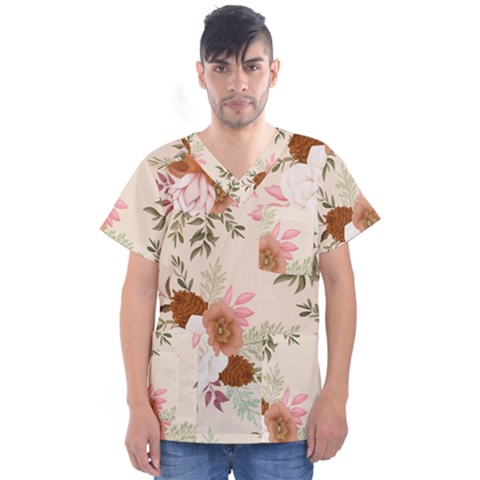 Floral Pattern Men s V-neck Scrub Top by Valentinaart