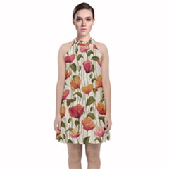 Floral Pattern Velvet Halter Neckline Dress 