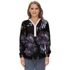 Floral Pattern Zip Up Long Sleeve Blouse