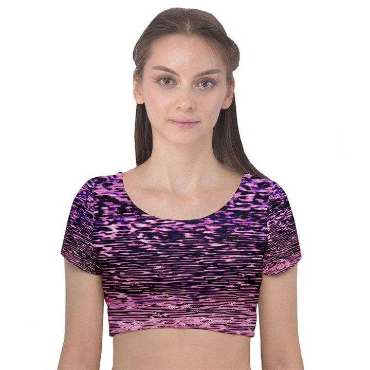 Purple  waves abstract series no2 Velvet Short Sleeve Crop Top 