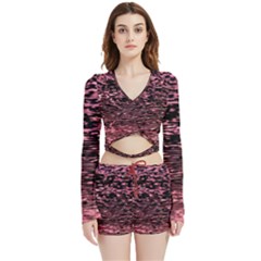 Pink  Waves Flow Series 11 Velvet Wrap Crop Top And Shorts Set by DimitriosArt