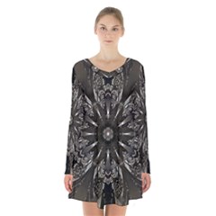 Mechanical Mandala Long Sleeve Velvet V-neck Dress by MRNStudios