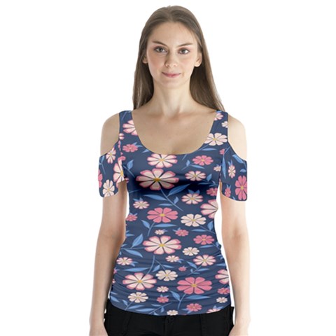 Flowers Pattern Butterfly Sleeve Cutout Tee  by Sparkle