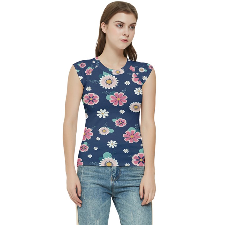 Flowers Pattern Women s Raglan Cap Sleeve Tee