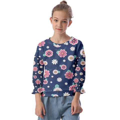 Flowers Pattern Kids  Cuff Sleeve Top by Sparkle