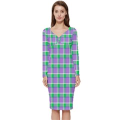 Checks Long Sleeve V-neck Bodycon Dress  by Sparkle