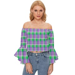 Checks Off Shoulder Flutter Bell Sleeve Top