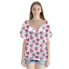 Funny Hearts V-neck Flutter Sleeve Top by SychEva