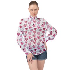 Funny Hearts High Neck Long Sleeve Chiffon Top by SychEva