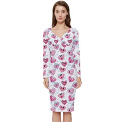 Funny Hearts Long Sleeve V-neck Bodycon Dress  by SychEva