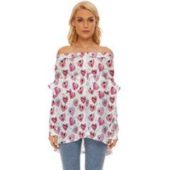 Funny Hearts Off Shoulder Chiffon Pocket Shirt by SychEva