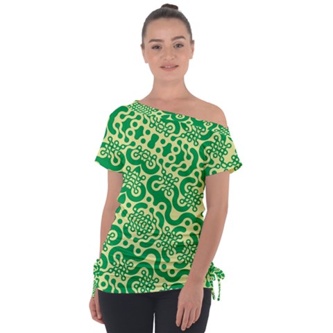 Liquid Art Pouring Abstract Seamless Pattern Lover Green Maze Off Shoulder Tie-up Tee by artico