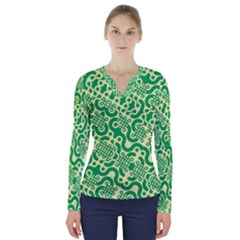 Liquid Art Pouring Abstract Seamless Pattern Lover Green Maze V-neck Long Sleeve Top