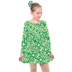 Liquid Art Pouring Abstract Seamless Pattern Lover Green Maze Kids  Long Sleeve Dress