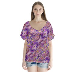 Liquid Art Pouring Abstract Seamless Pattern Tiger Eyes V-neck Flutter Sleeve Top by artico