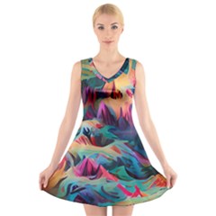 Colorful Mountains V-neck Sleeveless Dress by Dazzleway