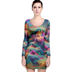 Colorful Mountains Long Sleeve Velvet Bodycon Dress