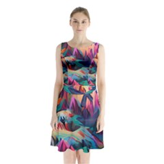 Colorful Mountains Sleeveless Waist Tie Chiffon Dress by Dazzleway