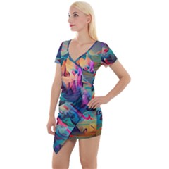 Colorful Mountains Short Sleeve Asymmetric Mini Dress by Dazzleway