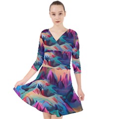 Colorful Mountains Quarter Sleeve Front Wrap Dress by Dazzleway