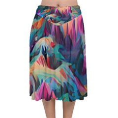 Colorful Mountains Velvet Flared Midi Skirt