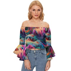 Colorful Mountains Off Shoulder Flutter Bell Sleeve Top