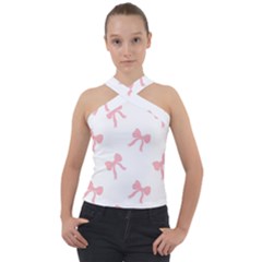 Pink Ribbons Pattern Cross Neck Velour Top by Littlebird