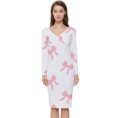 Pink Ribbons Pattern Long Sleeve V-neck Bodycon Dress  by Littlebird