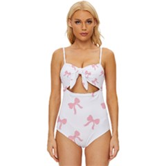 Pink Ribbons Pattern Knot Front One-piece Swimsuit by Littlebird