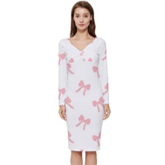 Pink Bow Pattern Long Sleeve V-neck Bodycon Dress  by Littlebird