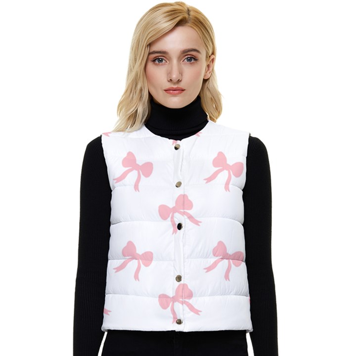 Pink bow pattern Women s Short Button Up Puffer Vest