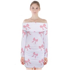 Pink Bow Pattern Long Sleeve Off Shoulder Dress by Littlebird