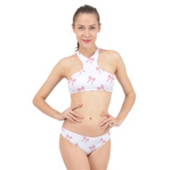 Pink Bow Pattern High Neck Bikini Set by Littlebird