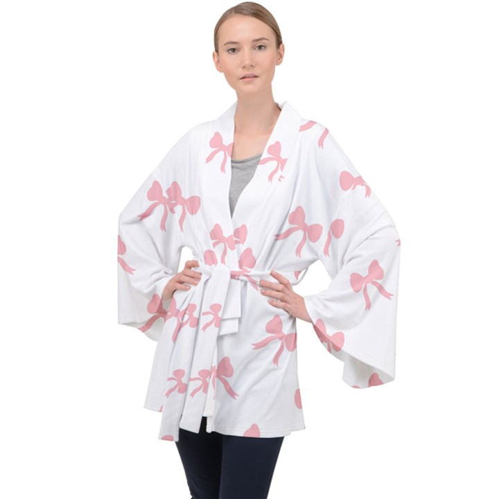 Pink bow pattern Long Sleeve Velvet Kimono 