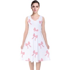 Pink Bow Pattern V-neck Midi Sleeveless Dress  by Littlebird