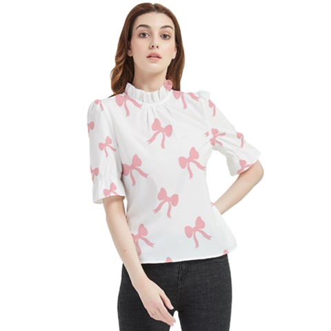 Pink Bow Pattern Frill Neck Blouse by Littlebird