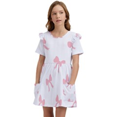 Pink Bow Pattern Kids  Frilly Sleeves Pocket Dress by Littlebird