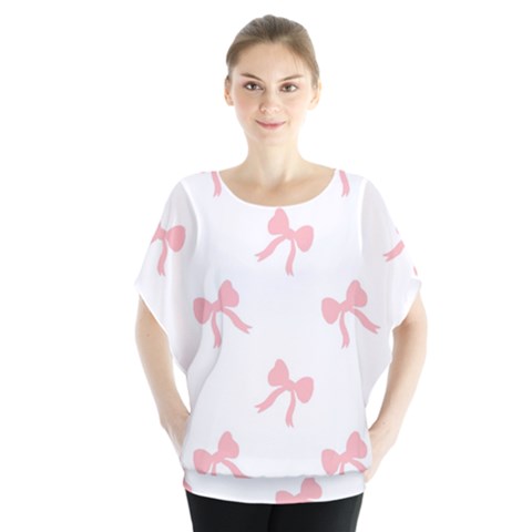 Pink Bow Cute Pattern Batwing Chiffon Blouse by Littlebird