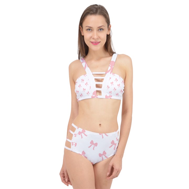 Pink bow cute pattern Cage Up Bikini Set