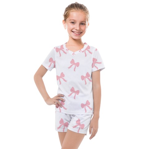 Pink Bow Cute Pattern Kids  Mesh Tee And Shorts Set by Littlebird