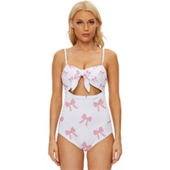 Pink Bow Cute Pattern Knot Front One-piece Swimsuit by Littlebird