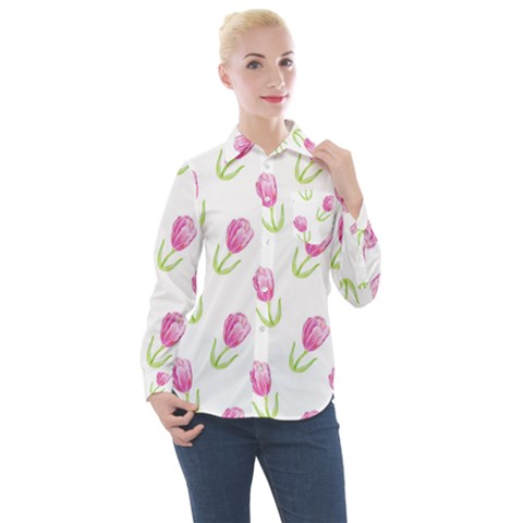 Tulips Watercolor Pattern Women s Long Sleeve Pocket Shirt by Littlebird