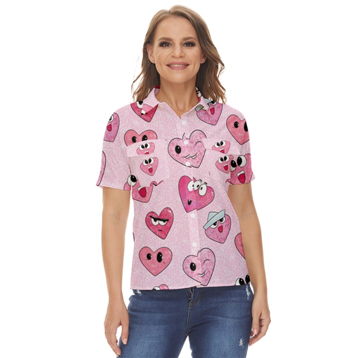 Emoji Heart Women s Short Sleeve Double Pocket Shirt