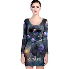 Dark Floral Long Sleeve Velvet Bodycon Dress